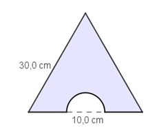 (Det skal selvfølgelig ikke brukes frø på kvadratet i midten.) B7 Figuren til høyre viser en likesidet trekant med sider 30,0 cm. Utskjæringen er en halvsirkel med diameter 10,0 cm.
