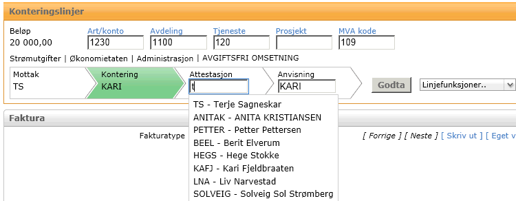 Søk velge saksbehandler/kontostreng For alle konteringsdimensjoner i kontorekken finnes det knapper for å søke opp verdiene fra en egen tabell. Eksemplet viser søk på konto.