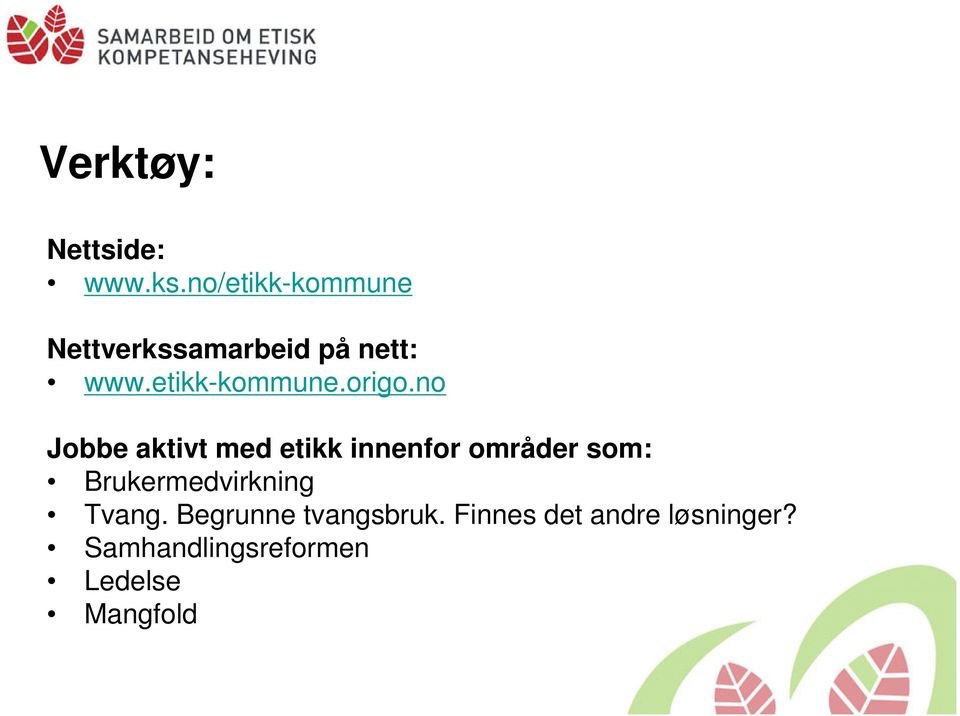 no Jobbe aktivt med etikk innenfor områder som: