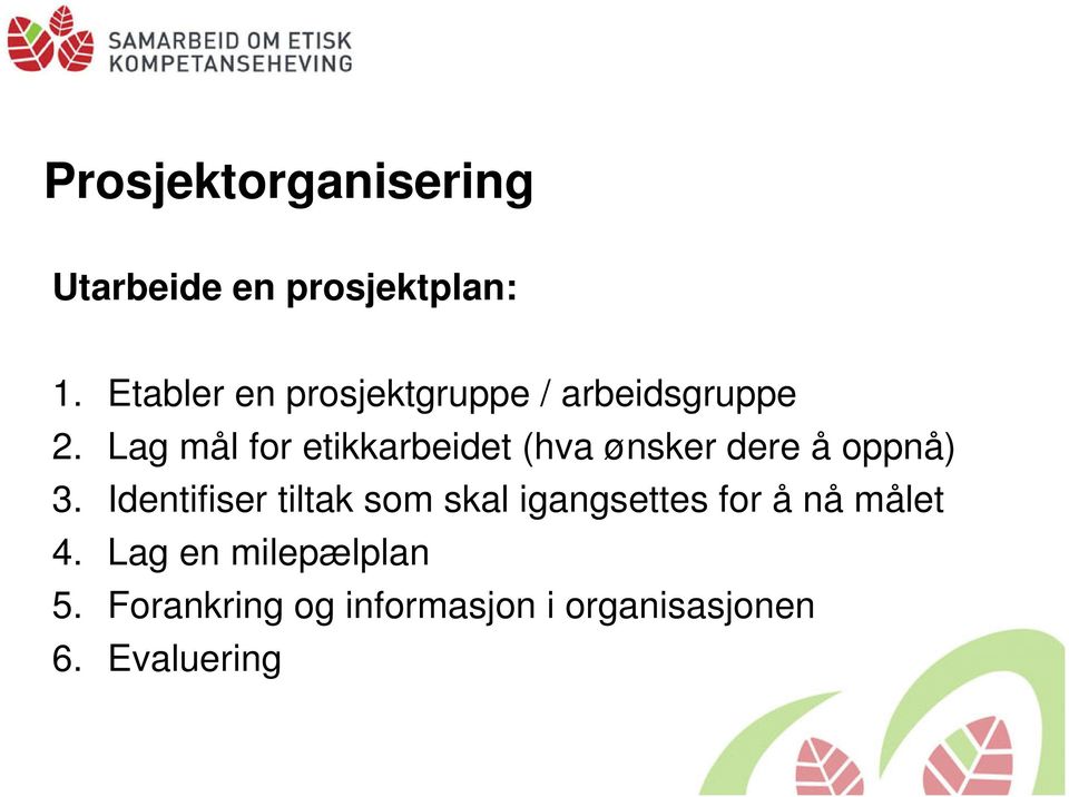 Lag mål for etikkarbeidet (hva ønsker dere å oppnå) 3.