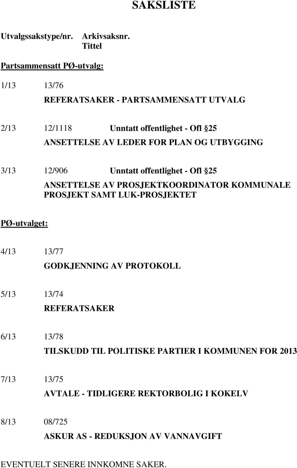 PLAN OG UTBYGGING 3/13 12/906 Unntatt offentlighet - Ofl 25 ANSETTELSE AV PROSJEKTKOORDINATOR KOMMUNALE PROSJEKT SAMT LUK-PROSJEKTET PØ-utvalget: