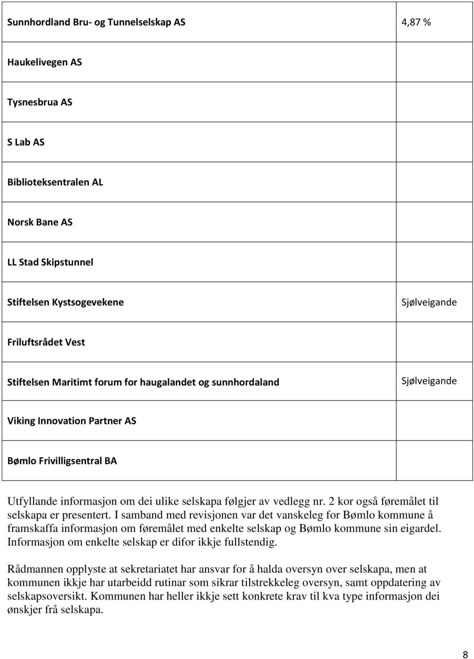 2 kor også føremålet til selskapa er presentert. I samband med revisjonen var det vanskeleg for Bømlo kommune å framskaffa informasjon om føremålet med enkelte selskap og Bømlo kommune sin eigardel.