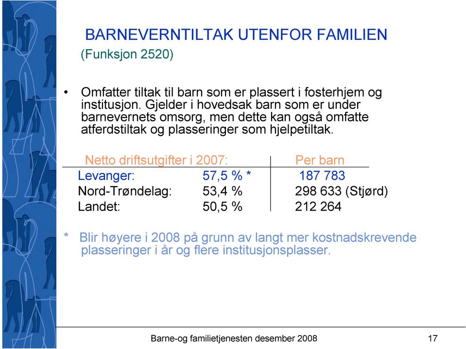 Netto driftsutgifter i 2007: Per barn Levanger: 57,5 % * 187 783 Nord-Trøndelag: 53,4 % 298 633 (Stjørd) Landet: 50,5 % 212 264 *