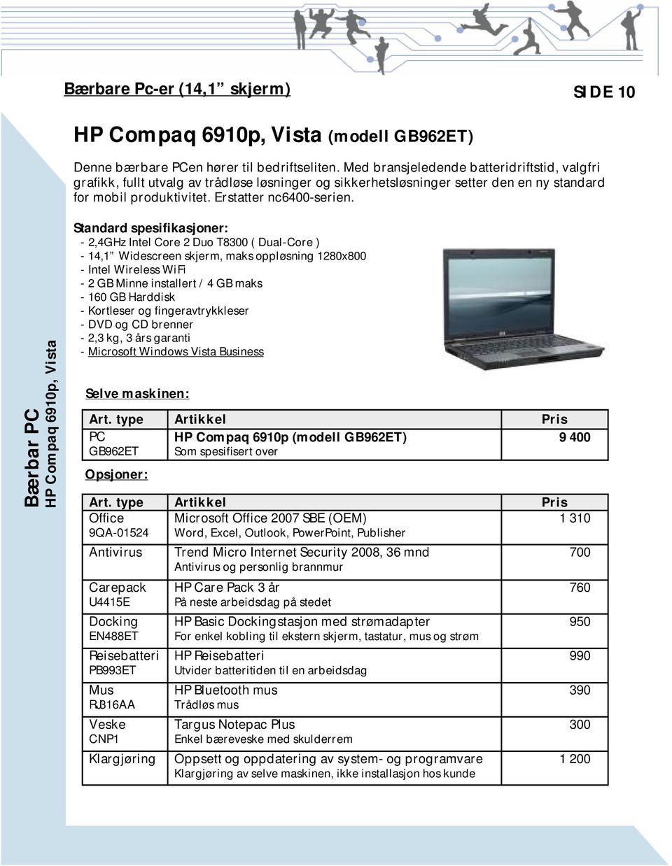 Bærbar PC HP Compaq 6910p, Vista Standard spesifikasjoner: - 2,4GHz Intel Core 2 Duo T8300 ( Dual-Core ) - 14,1 Widescreen skjerm, maks oppløsning 1280x800 - Intel Wireless WiFi - 2 GB Minne
