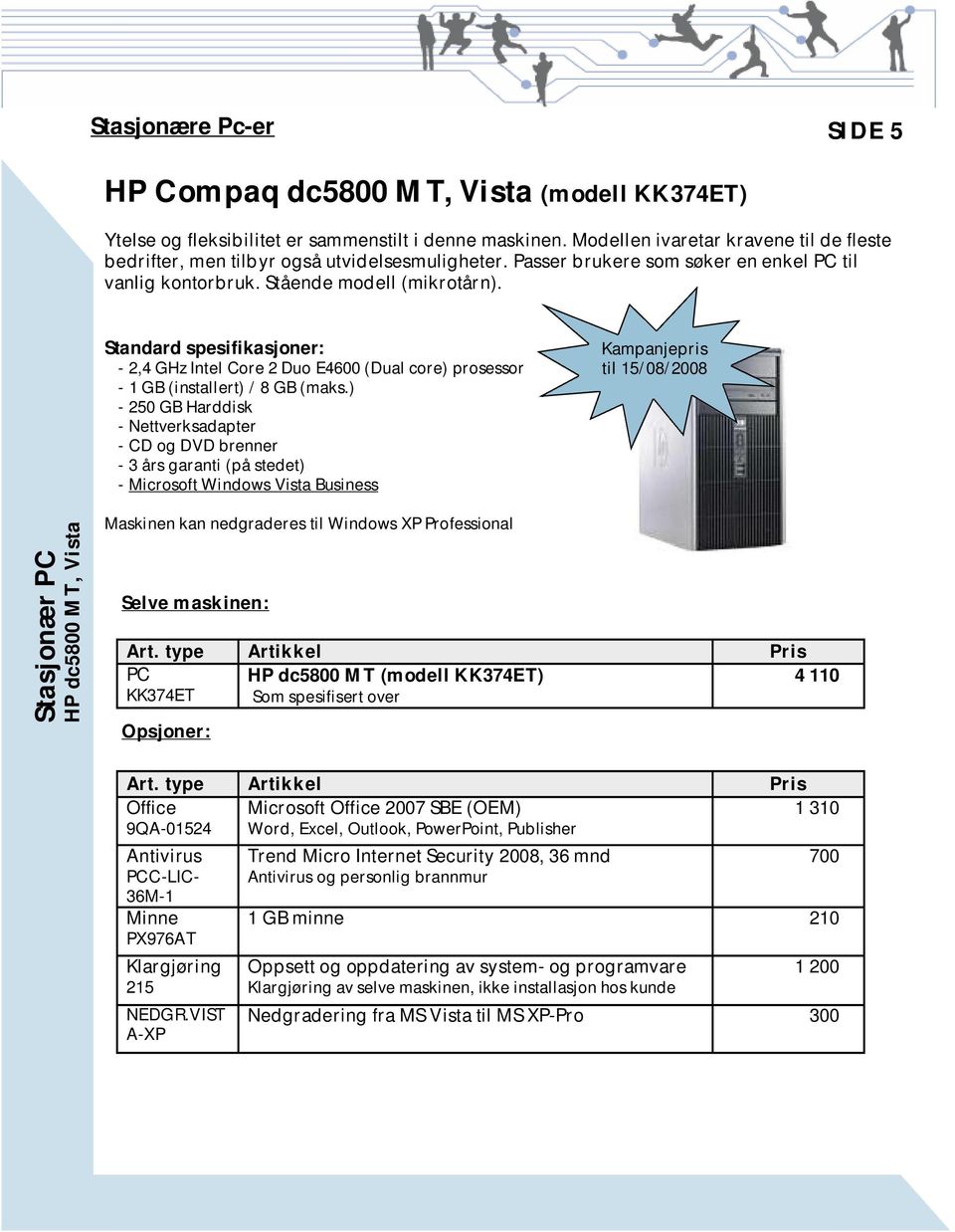 Standard spesifikasjoner: - 2,4 GHz Intel Core 2 Duo E4600 (Dual core) prosessor - 1 GB (installert) / 8 GB (maks.