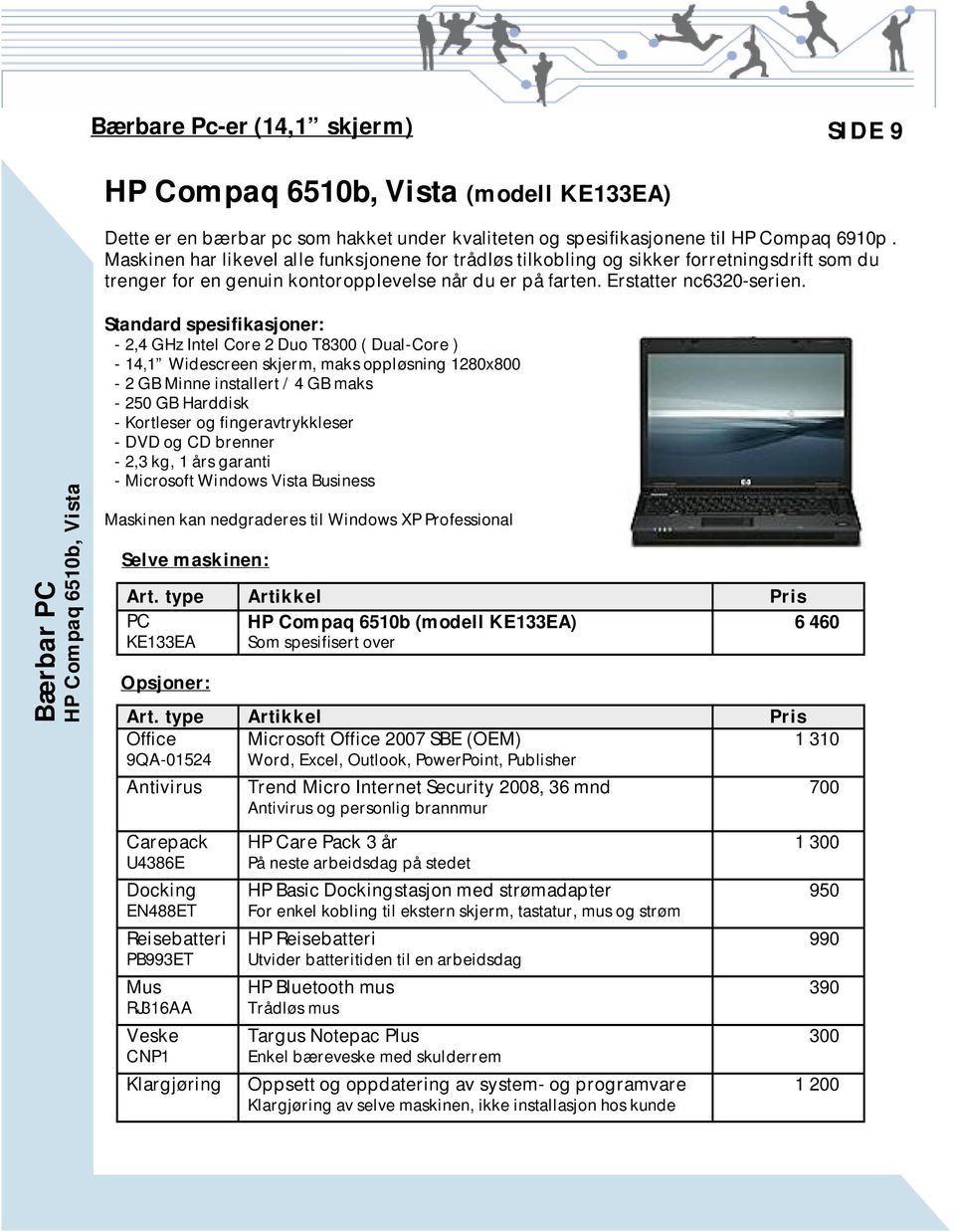 Bærbar PC HP Compaq 6510b, Vista Standard spesifikasjoner: - 2,4 GHz Intel Core 2 Duo T8300 ( Dual-Core ) - 14,1 Widescreen skjerm, maks oppløsning 1280x800-2 GB Minne installert / 4 GB maks - 250 GB
