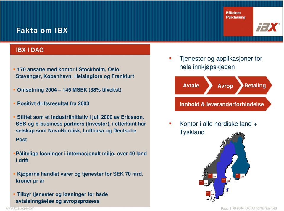 Tjenester og applikasjoner for hele innkjøpskjeden Avtale Avrop Betaling Innhold & leverandørforbindelse Kontor i alle nordiske land + Tyskland Pålitelige løsninger i