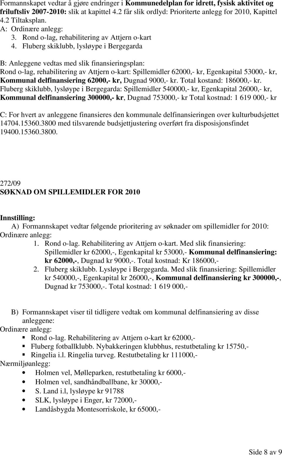 Fluberg skiklubb, lysløype i Bergegarda B: Anleggene vedtas med slik finansieringsplan: Rond o-lag, rehabilitering av Attjern o-kart: Spillemidler 62000,- kr, Egenkapital 53000,- kr, Kommunal