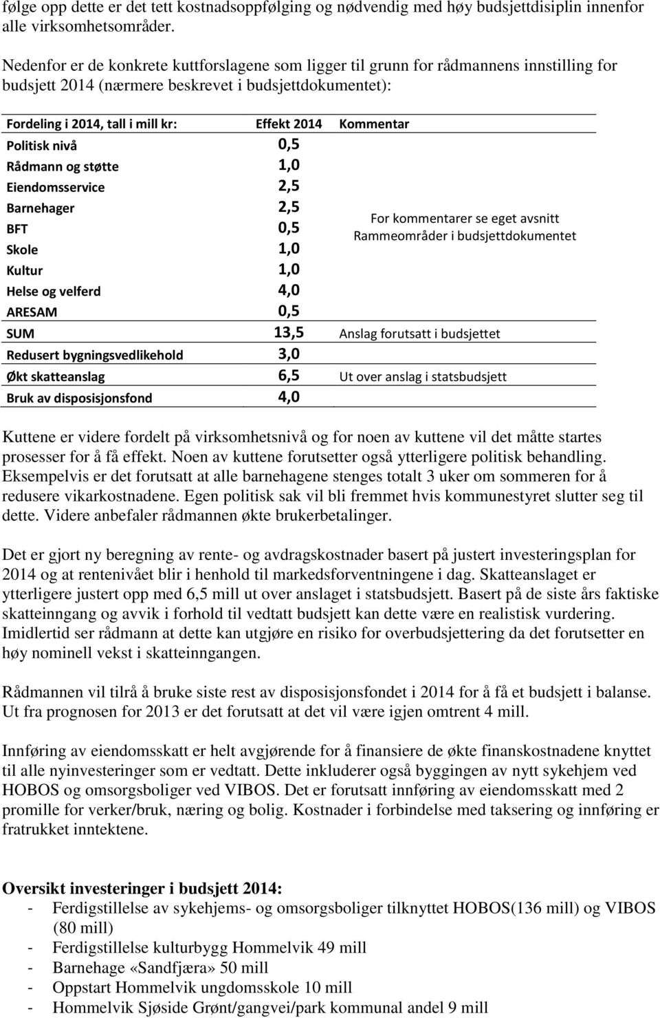 Kommentar Politisk nivå 0,5 Rådmann og støtte 1,0 Eiendomsservice 2,5 Barnehager 2,5 BFT 0,5 Skole 1,0 Kultur 1,0 Helse og velferd 4,0 ARESAM 0,5 For kommentarer se eget avsnitt Rammeområder i