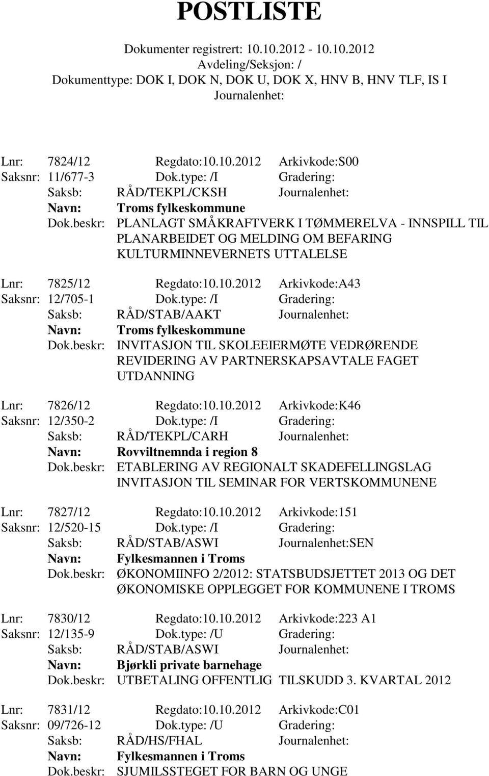 type: /I Gradering: Saksb: RÅD/STAB/AAKT Navn: Troms fylkeskommune Dok.beskr: INVITASJON TIL SKOLEEIERMØTE VEDRØRENDE REVIDERING AV PARTNERSKAPSAVTALE FAGET UTDANNING Lnr: 7826/12 Regdato:10.