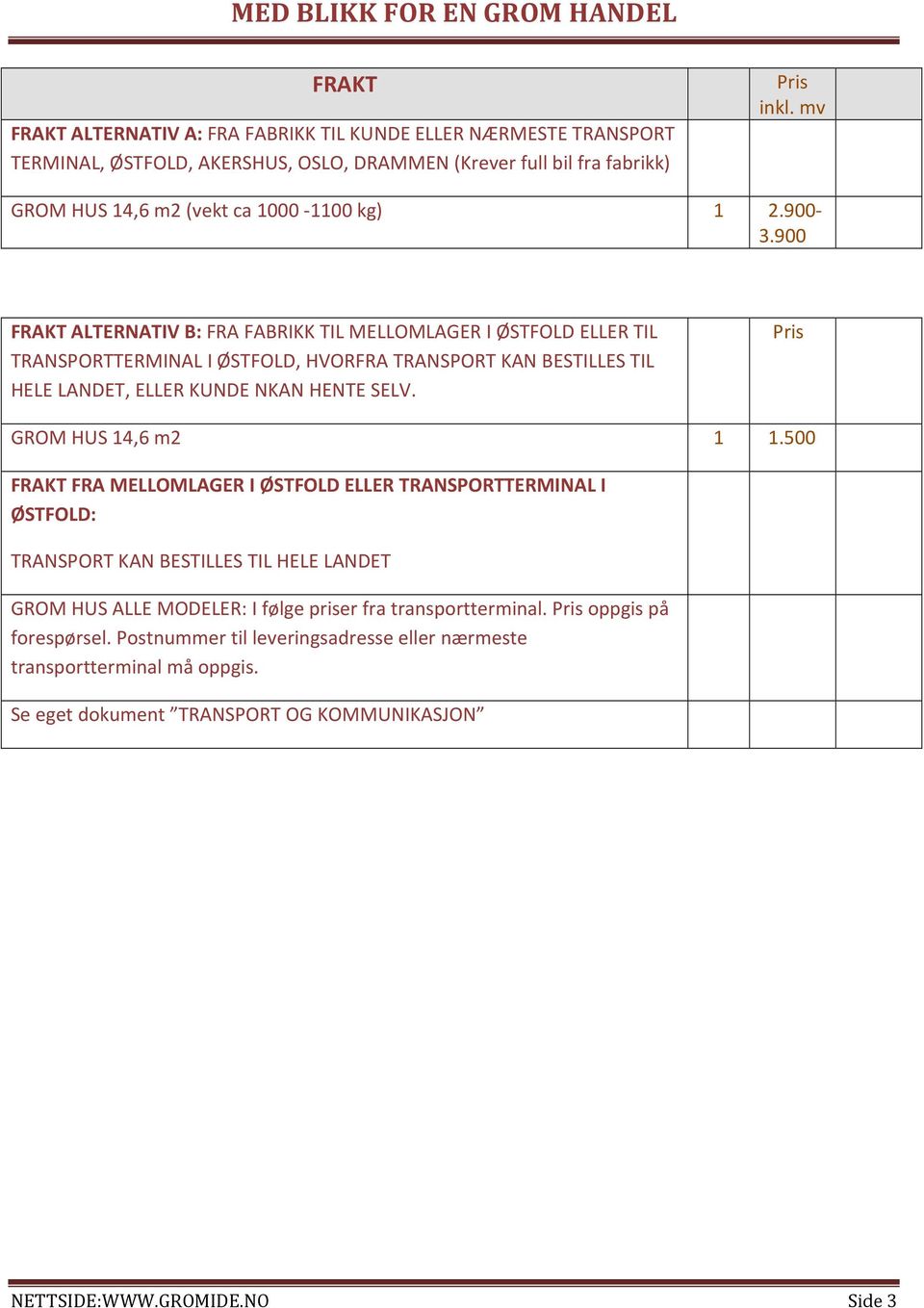 900 FRAKT ALTERNATIV B: FRA FABRIKK TIL MELLOMLAGER I ØSTFOLD ELLER TIL TRANSPORTTERMINAL I ØSTFOLD, HVORFRA TRANSPORT KAN BESTILLES TIL HELE LANDET, ELLER KUNDE NKAN HENTE SELV.