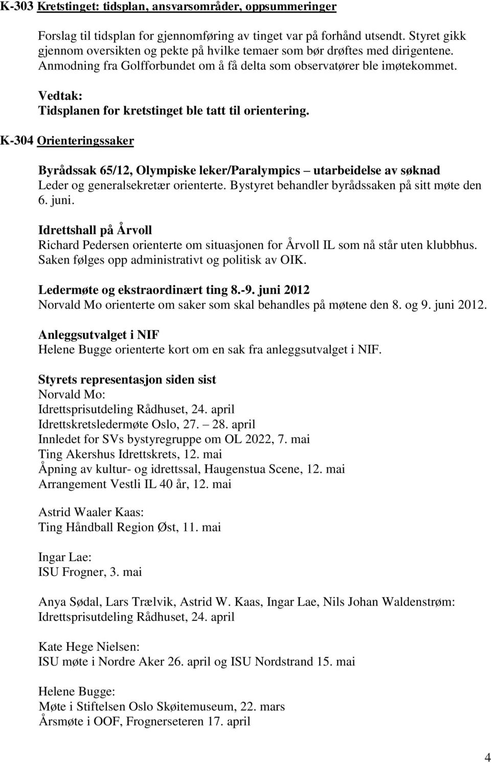 Tidsplanen for kretstinget ble tatt til orientering. K-304 Orienteringssaker Byrådssak 65/12, Olympiske leker/paralympics utarbeidelse av søknad Leder og generalsekretær orienterte.