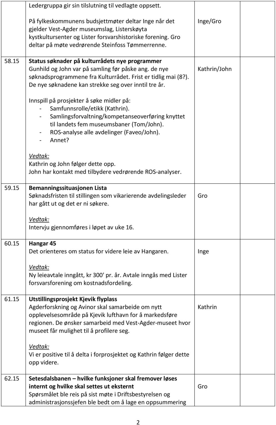 Gro deltar på møte vedrørende Steinfoss Tømmerrenne. 58.15 Status søknader på kulturrådets nye programmer Gunhild og John var på samling før påske ang. de nye søknadsprogrammene fra Kulturrådet.