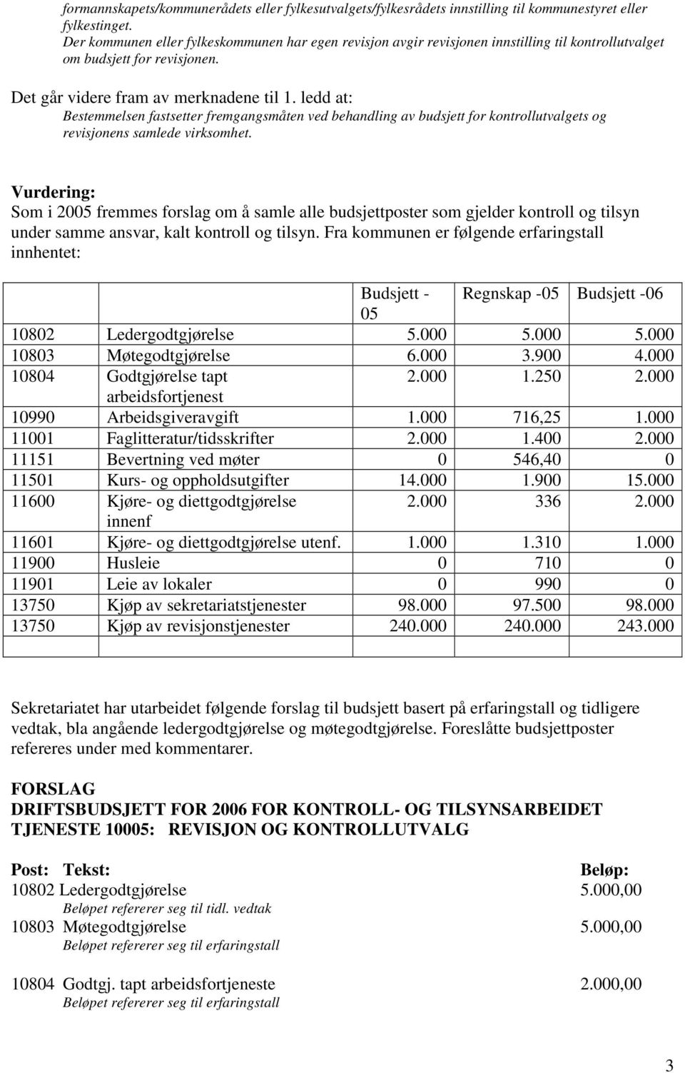 ledd at: Bestemmelsen fastsetter fremgangsmåten ved behandling av budsjett for kontrollutvalgets og revisjonens samlede virksomhet.