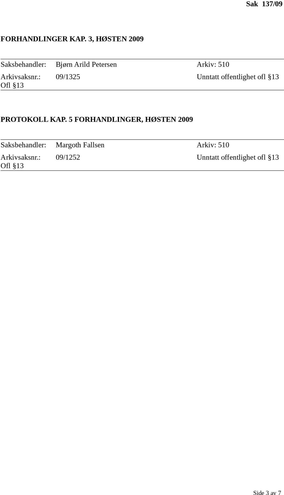 : 09/1325 Unntatt offentlighet ofl 13 Ofl 13 PROTOKOLL KAP.