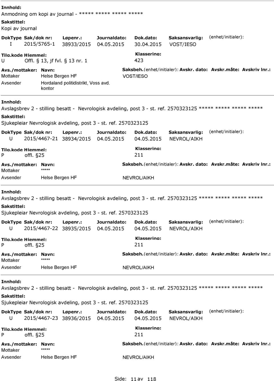 2570323125 ***** ***** ***** ***** Sjukepleiar Nevrologisk avdeling, post 3 - st. ref. 2570323125 2015/4467-21 38934/2015 NEVROL/AKH Avs./mottaker: Navn: Saksbeh. Avskr. dato: Avskr.måte: Avskriv lnr.