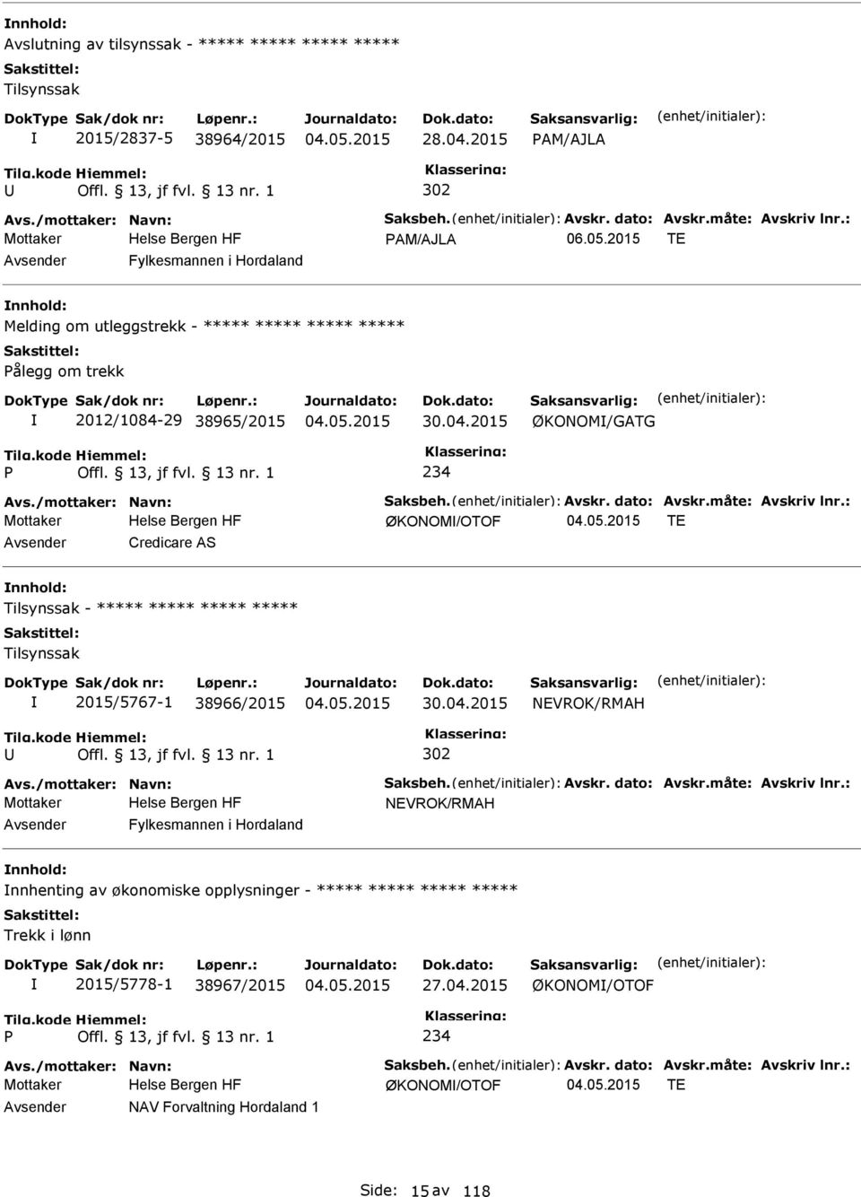 måte: Avskriv lnr.: Mottaker ØKONOM/OTOF TE Credicare AS Tilsynssak - ***** ***** ***** ***** Tilsynssak 2015/5767-1 38966/2015 30.04.2015 NEVROK/RMAH 302 Avs./mottaker: Navn: Saksbeh. Avskr. dato: Avskr.