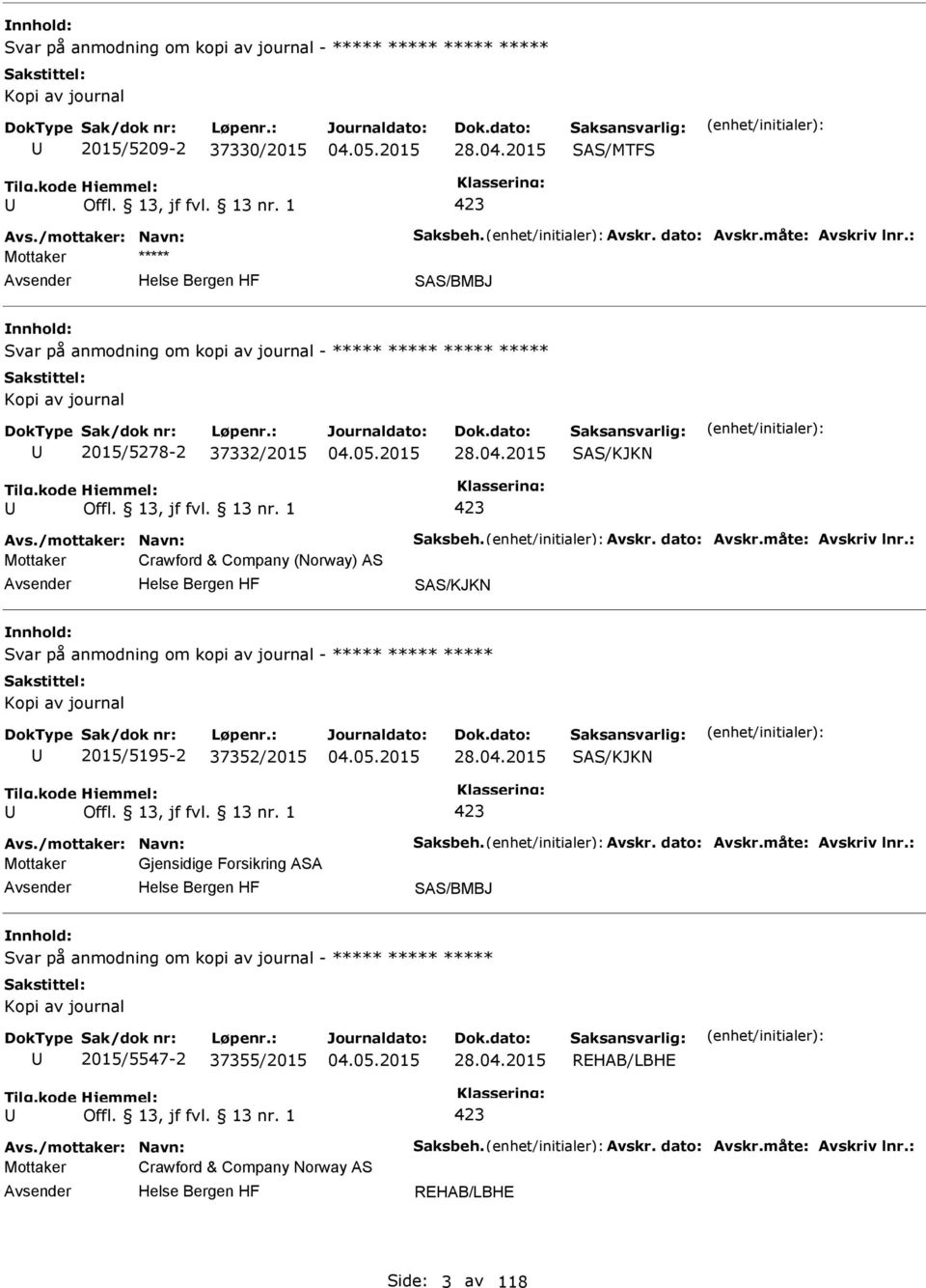 måte: Avskriv lnr.: Mottaker Crawford & Company (Norway) AS SAS/KJKN Svar på anmodning om kopi av journal - ***** ***** ***** Kopi av journal 2015/5195-2 37352/2015 28.04.2015 SAS/KJKN 423 Avs.