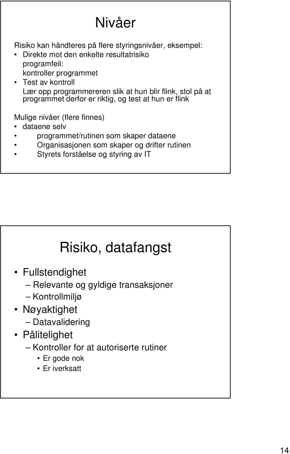 programmet/rutinen som skaper dataene Organisasjonen som skaper og drifter rutinen Styrets forståelse og styring av IT Fullstendighet Risiko, datafangst