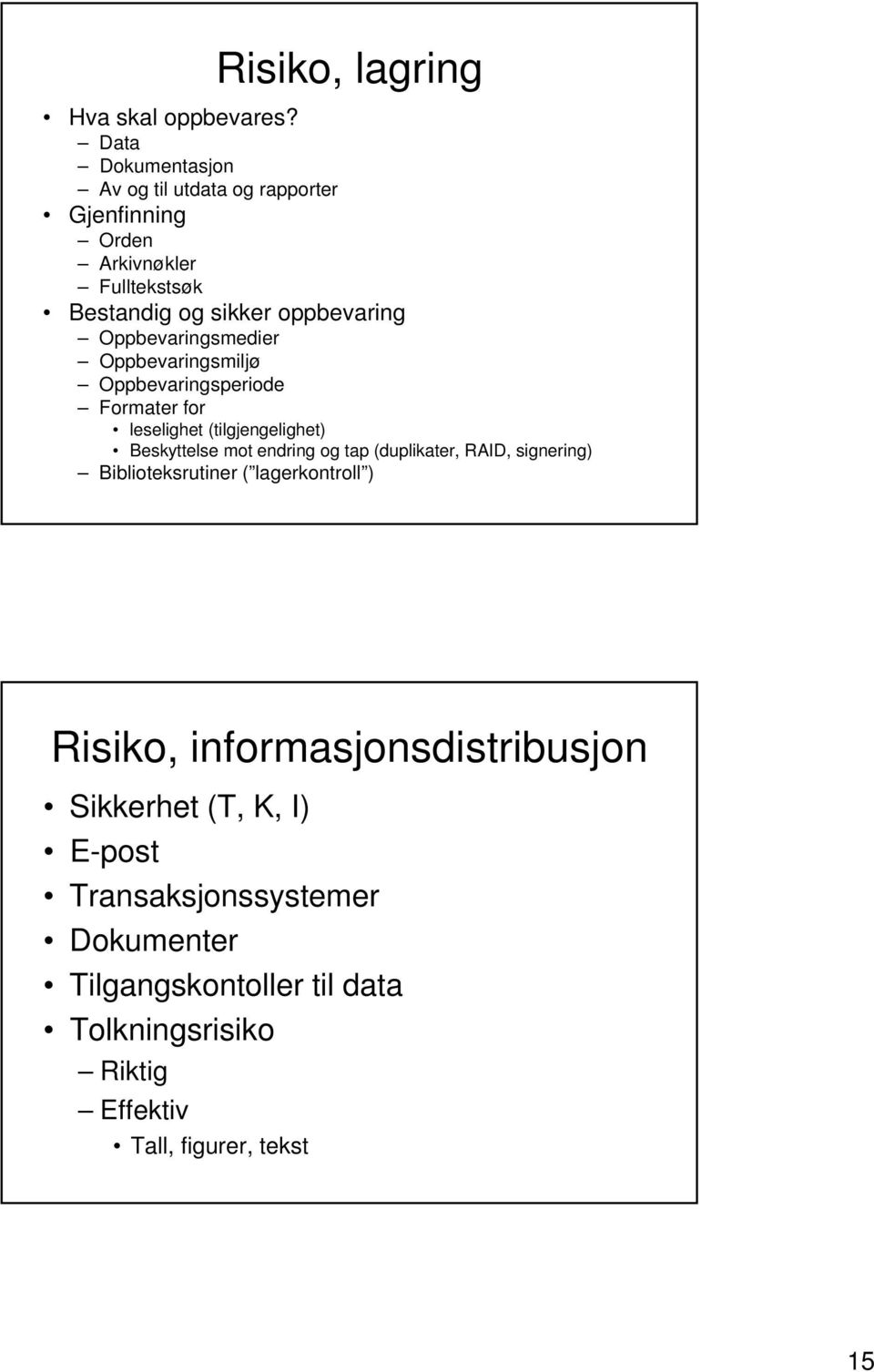 Oppbevaringsmedier Oppbevaringsmiljø Oppbevaringsperiode Formater for leselighet (tilgjengelighet) Beskyttelse mot endring og tap