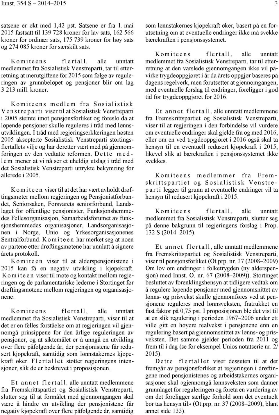medlemmet fra Sosialistisk Venstreparti, tar til etterretning at merutgiftene for 2015 som følge av reguleringen av grunnbeløpet og pensjoner blir om lag 3 213 mill. kroner.
