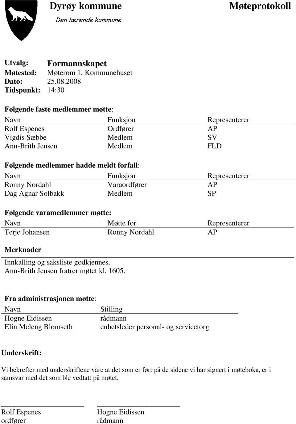 Navn Funksjon Representerer Ronny Nordahl Varaordfører AP Dag Agnar Solbakk Medlem SP Følgende varamedlemmer møtte: Navn Møtte for Representerer Terje Johansen Ronny Nordahl AP Merknader Innkalling