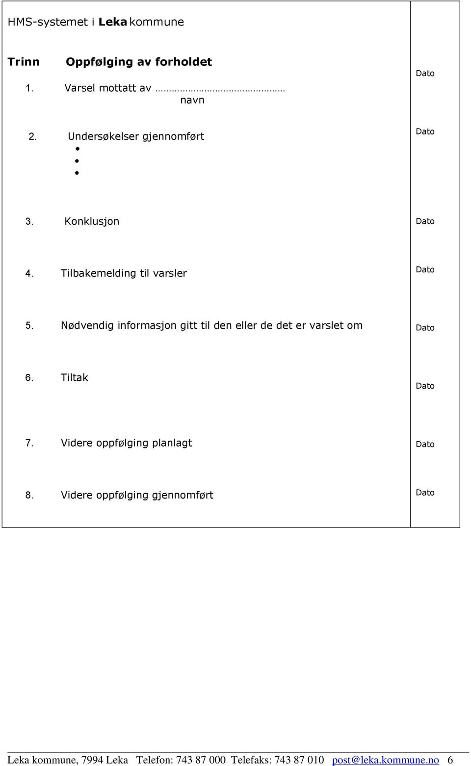 Nødvendig informasjon gitt til den eller de det er varslet om 6. Tiltak 7.