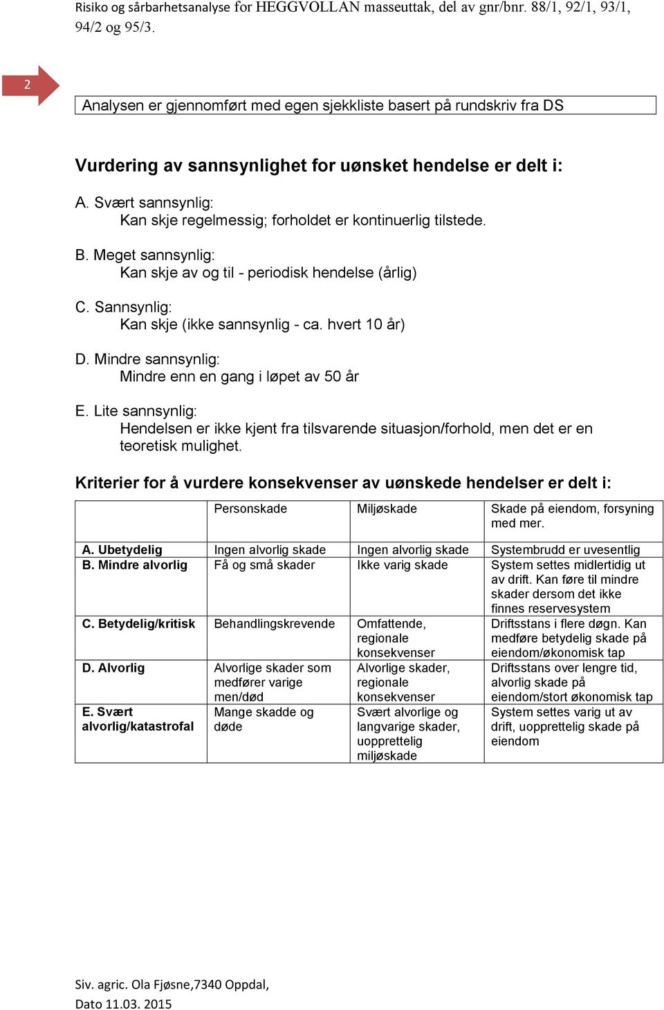 hvert 10 år) D. Mindre sannsynlig: Mindre enn en gang i løpet av 50 år E. Lite sannsynlig: Hendelsen er ikke kjent fra tilsvarende situasjon/forhold, men det er en teoretisk mulighet.