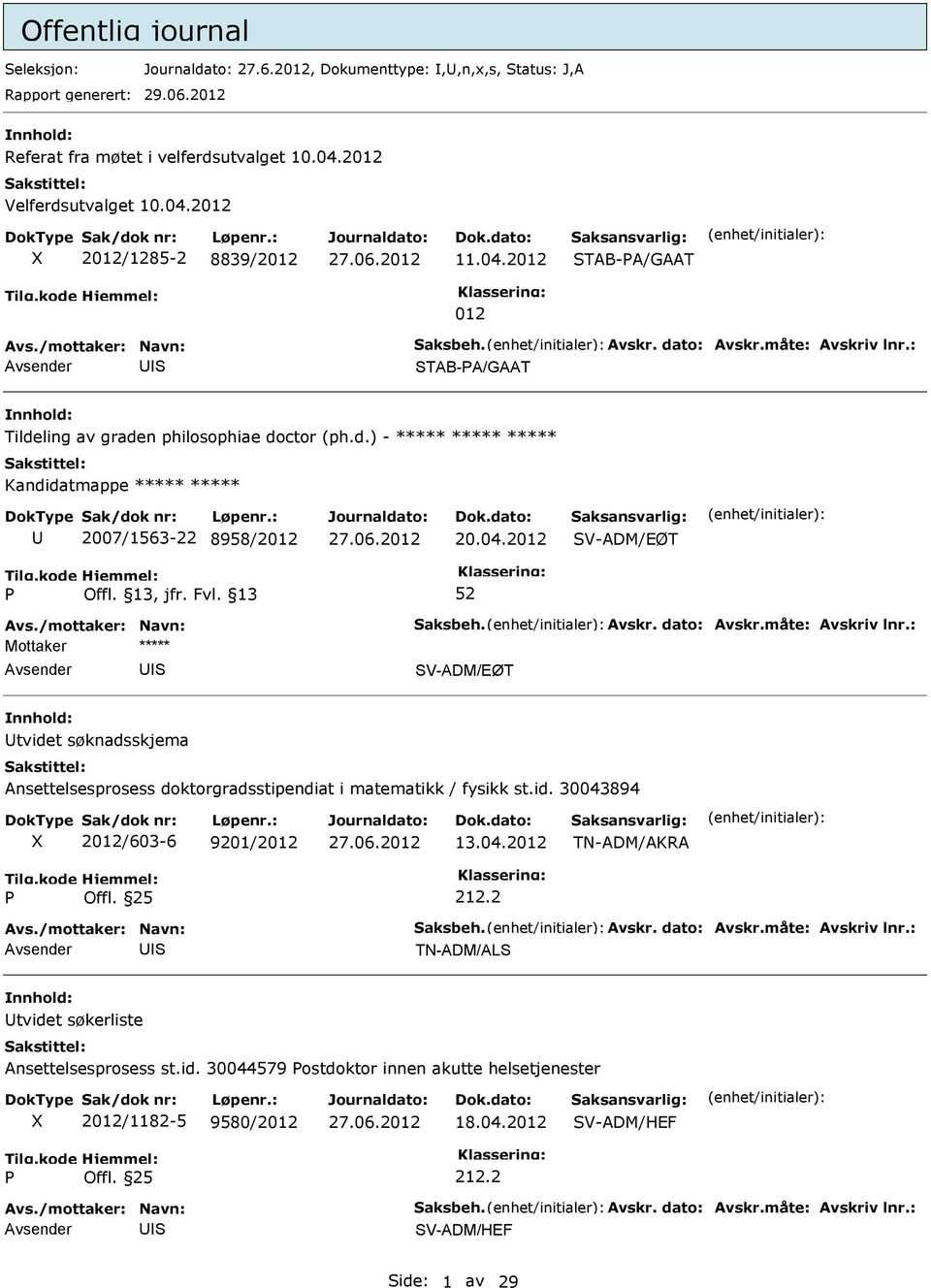 id. 30043894 2012/603-6 9201/2012 13.04.2012 TN-ADM/AKRA Offl. 25 212.2 Avsender U TN-ADM/AL Utvidet søkerliste Ansettelsesprosess st.id. 30044579 ostdoktor innen akutte helsetjenester 2012/1182-5 9580/2012 18.