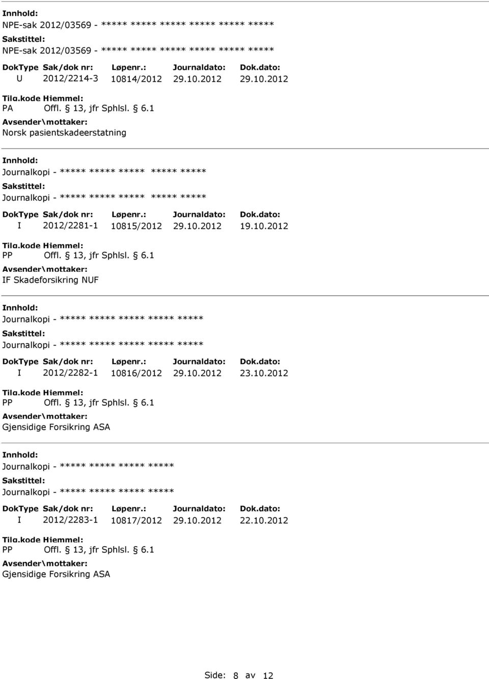 10815/2012 F Skadeforsikring NF 19.10.2012 ***** ***** 2012/2282-1 10816/2012 Gjensidige Forsikring ASA 23.