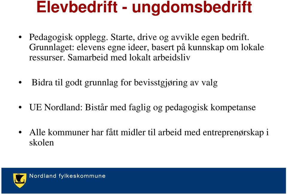 Samarbeid med lokalt arbeidsliv Bidra til godt grunnlag for bevisstgjøring av valg UE