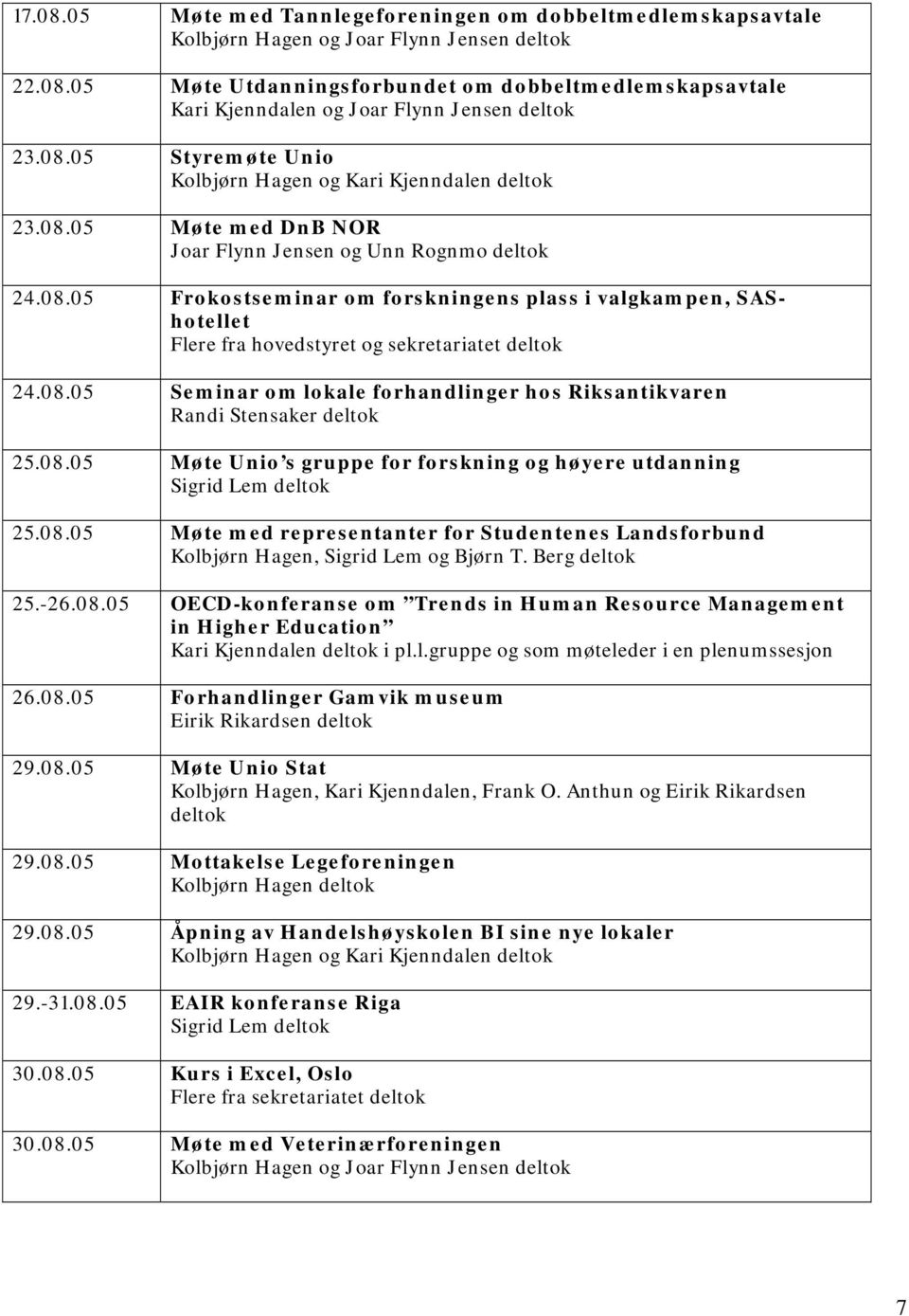 08.05 Seminar om lokale forhandlinger hos Riksantikvaren 25.08.05 Møte Unio s gruppe for forskning og høyere utdanning 25.08.05 Møte med representanter for Studentenes Landsforbund Kolbjørn Hagen, Sigrid Lem og Bjørn T.