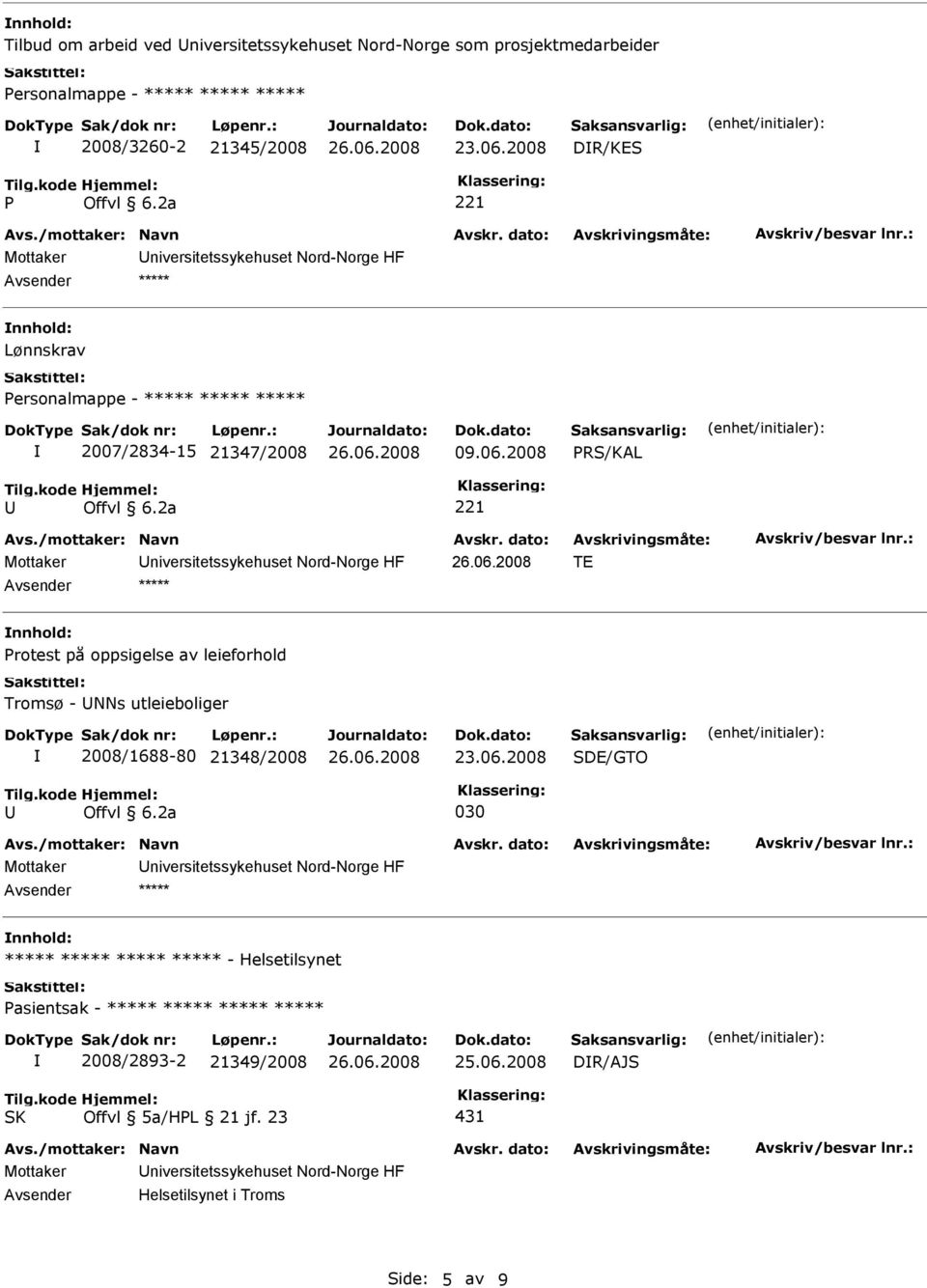 2008 PRS/KAL 221 Mottaker niversitetssykehuset Nord-Norge HF TE ***** Protest på oppsigelse av leieforhold Tromsø - NNs utleieboliger 2008/1688-80 21348/2008 23.06.