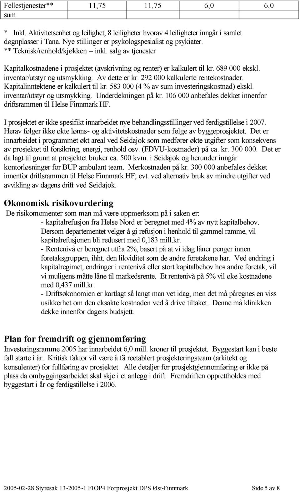 inventar/utstyr og utsmykking. Av dette er kr. 292 000 kalkulerte rentekostnader. Kapitalinntektene er kalkulert til kr. 583 000 (4 % av sum investeringskostnad) ekskl. inventar/utstyr og utsmykking.