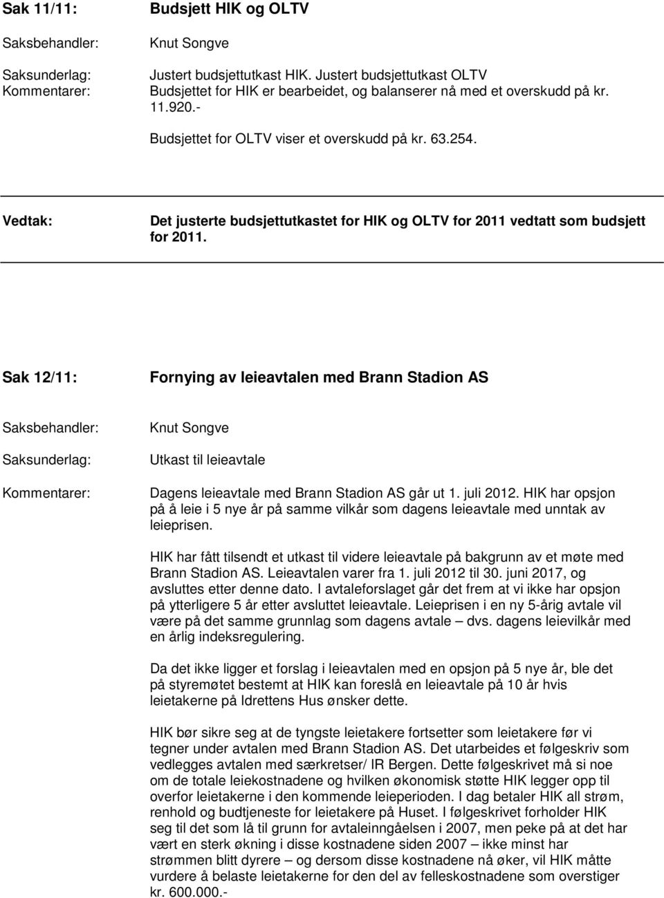 Sak 12/11: Fornying av leieavtalen med Brann Stadion AS Utkast til leieavtale Dagens leieavtale med Brann Stadion AS går ut 1. juli 2012.