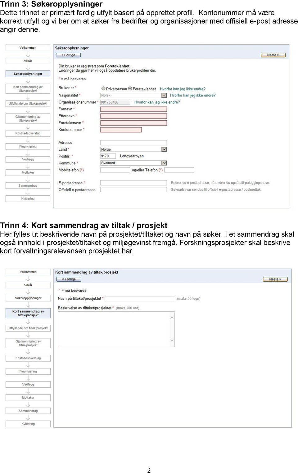 denne. Trinn 4: Kort sammendrag av tiltak / prosjekt Her fylles ut beskrivende navn på prosjektet/tiltaket og navn på søker.