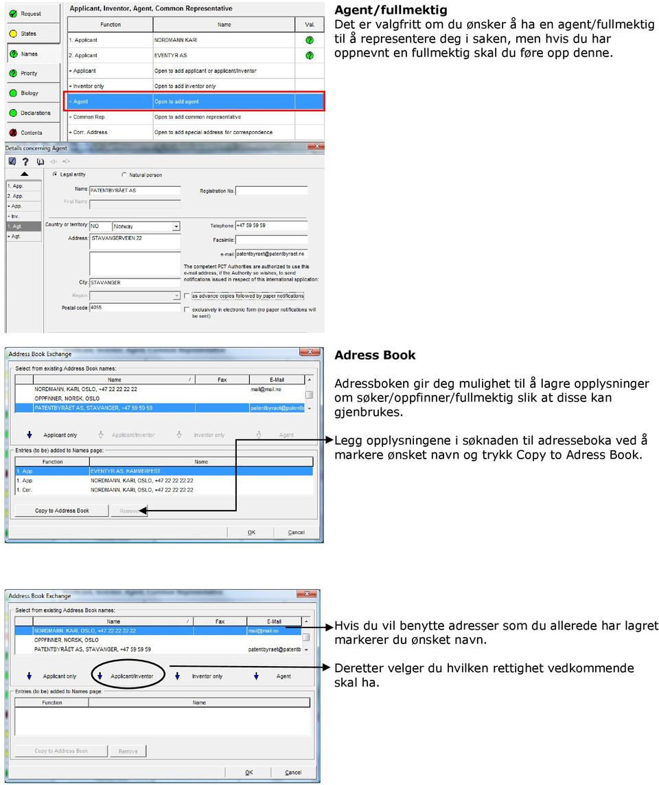 Adress Book Adressboken gir deg mulighet til å lagre opplysninger om søker/oppfinner/fullmektig slik at disse kan gjenbrukes.