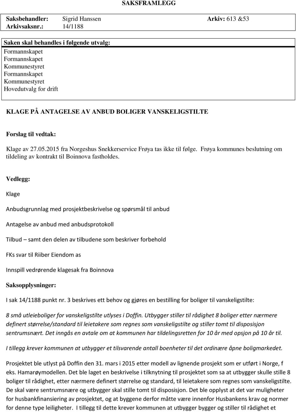 Forslag til vedtak: Klage av 27.05.2015 fra Norgeshus Snekkerservice Frøya tas ikke til følge. Frøya kommunes beslutning om tildeling av kontrakt til Boinnova fastholdes.