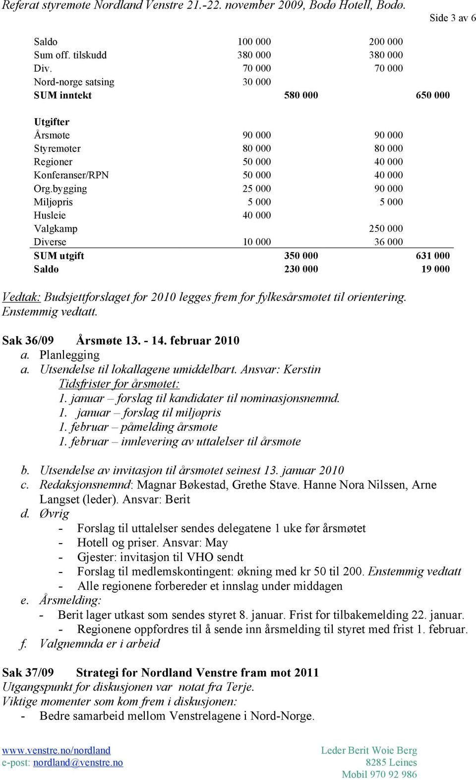 bygging 25 000 90 000 Miljøpris 5 000 5 000 Husleie 40 000 Valgkamp 250 000 Diverse 10 000 36 000 SUM utgift 350 000 631 000 Saldo 230 000 19 000 Vedtak: Budsjettforslaget for 2010 legges frem for