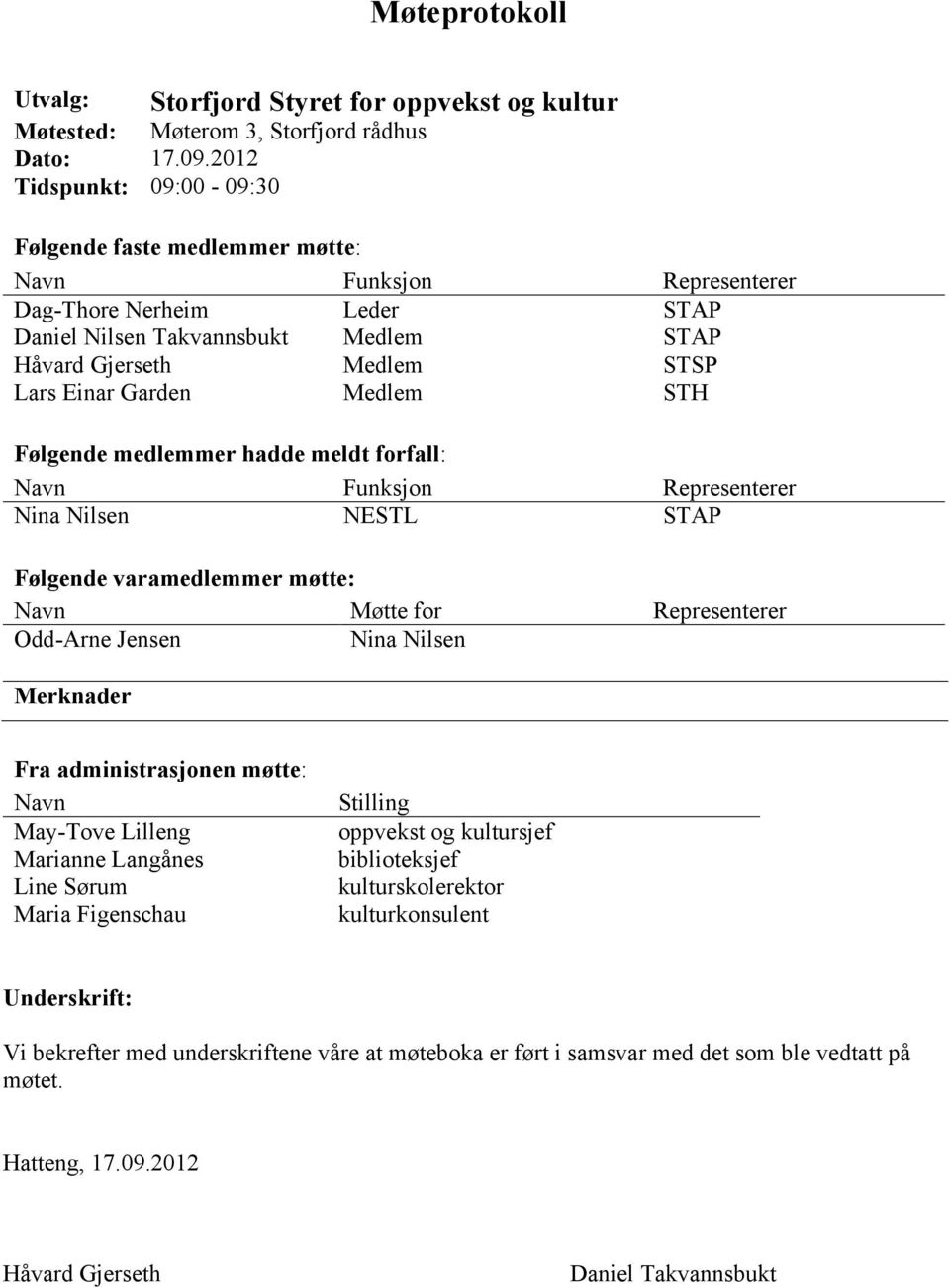 Garden Medlem STH Følgende medlemmer hadde meldt forfall: Navn Funksjon Representerer Nina Nilsen NESTL STAP Følgende varamedlemmer møtte: Navn Møtte for Representerer Odd-Arne Jensen Nina Nilsen