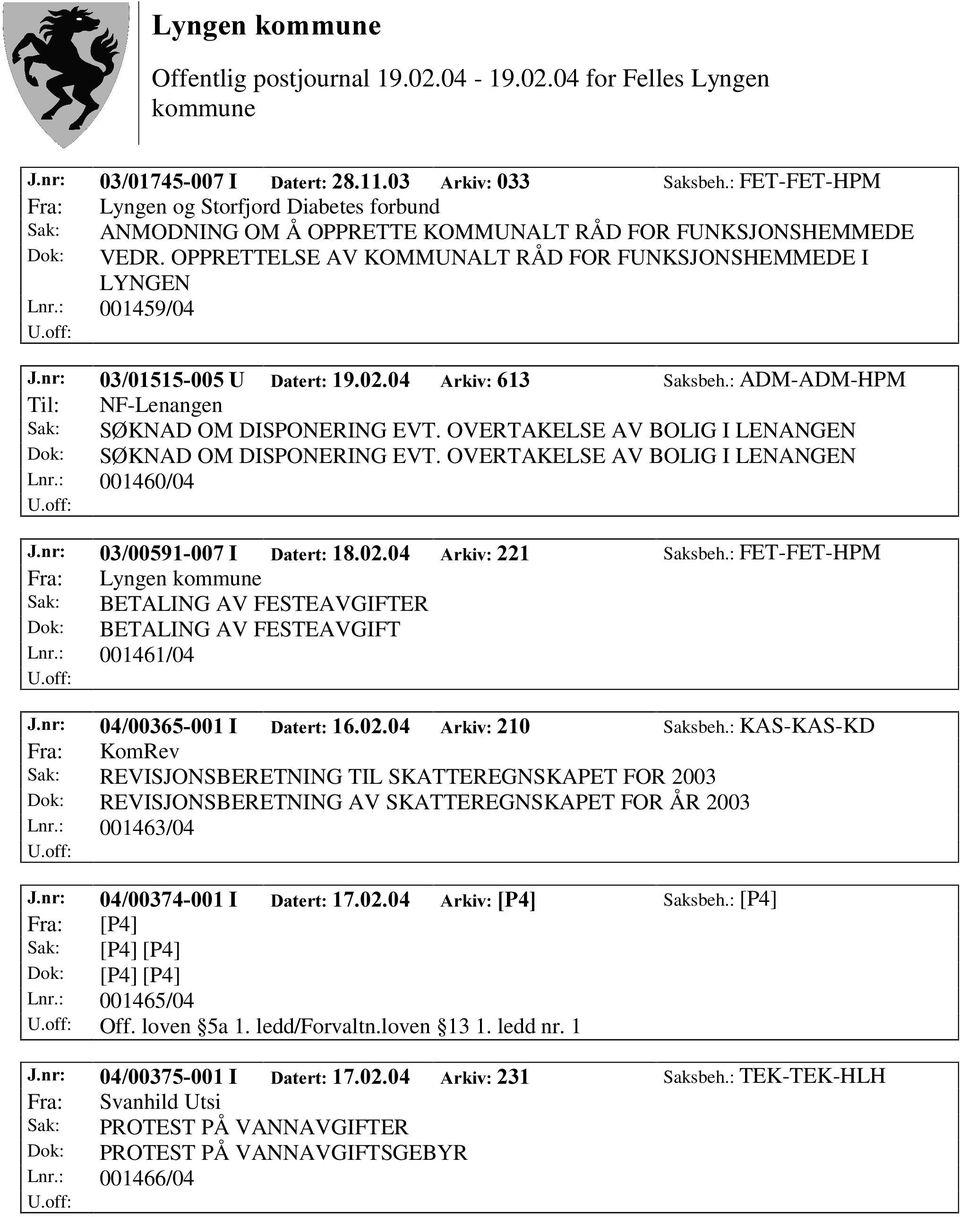 OVERTAKELSE AV BOLIG I LENANGEN Dok: SØ KNAD OM DISPONERING EVT. OVERTAKELSE AV BOLIG I LENANGEN Lnr.: 001460/04 -QU, 'DWHUW $UNLY Saksbeh.