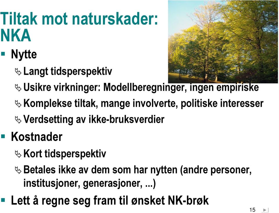 interesser Verdsetting av ikke-bruksverdier Kostnader Kort tidsperspektiv Betales ikke av