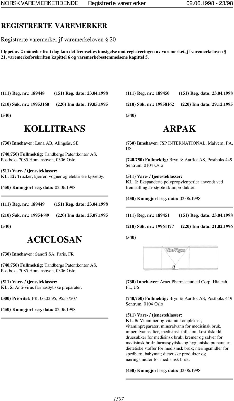 dato: 23.04.1998 (210) Søk. nr.: 19958162 (220) Inn dato: 29.12.