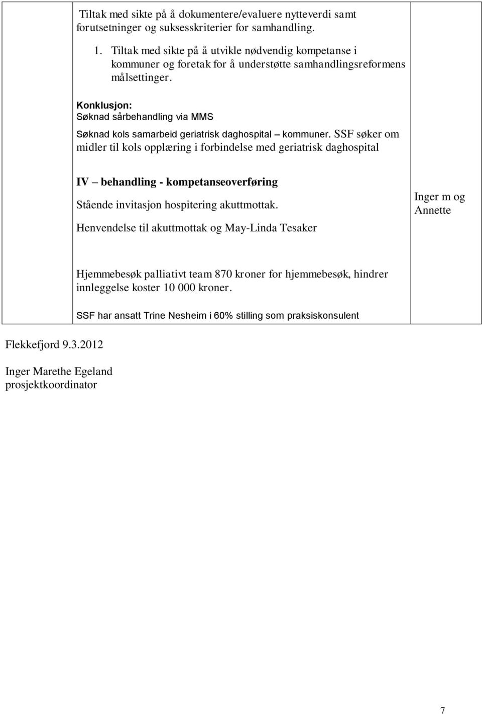 : Søknad sårbehandling via MMS Søknad kols samarbeid geriatrisk daghospital kommuner.