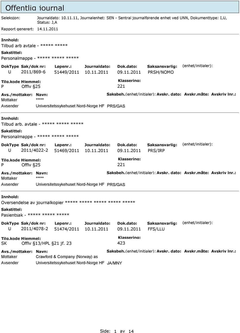 avtale - ***** ***** ***** ersonalmappe - ***** ***** ***** 2011/4022-2 51469/2011 RS/R Offlv 25 Avs./mottaker: Navn: Saksbeh. Avskr. dato: Avskr.måte: Avskriv lnr.