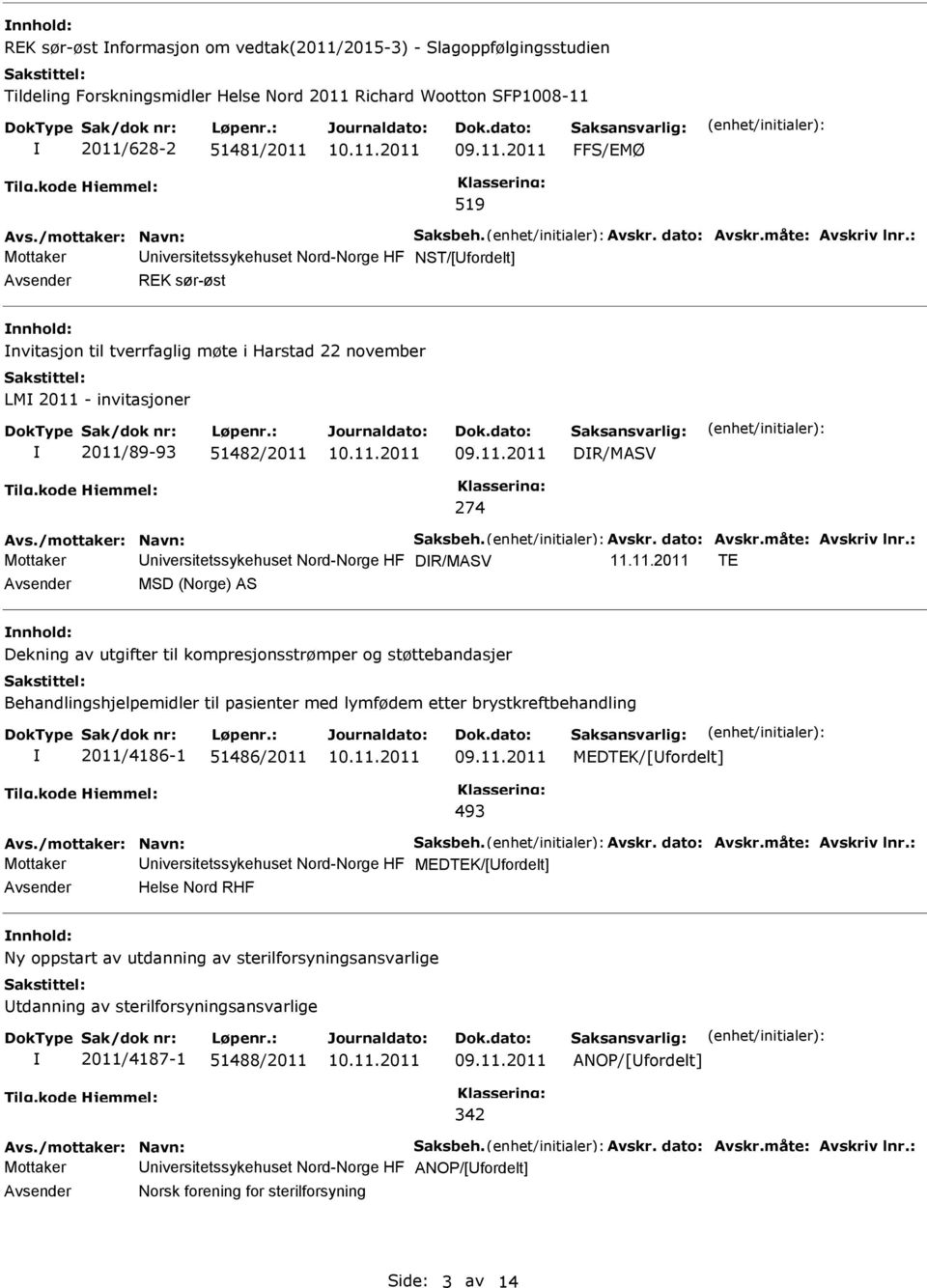 : Mottaker niversitetssykehuset Nord-Norge HF NST/[fordelt] REK sør-øst nvitasjon til tverrfaglig møte i Harstad 22 november LM 2011 - invitasjoner 2011/89-93 51482/2011 DR/MASV 274 Avs.