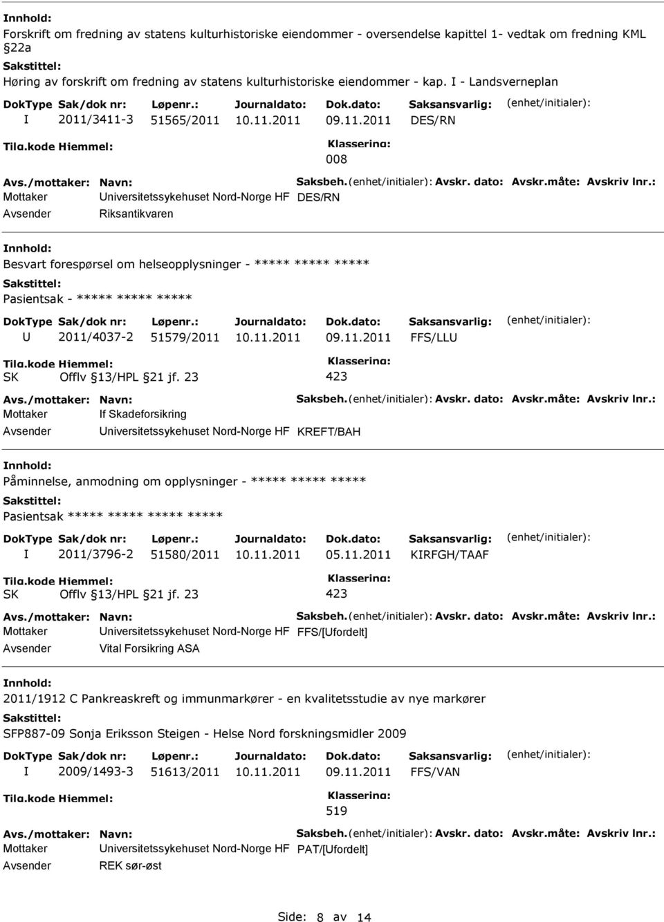 : Mottaker niversitetssykehuset Nord-Norge HF DES/RN Riksantikvaren Besvart forespørsel om helseopplysninger - ***** ***** ***** asientsak - ***** ***** ***** 2011/4037-2 51579/2011 FFS/LL Avs.