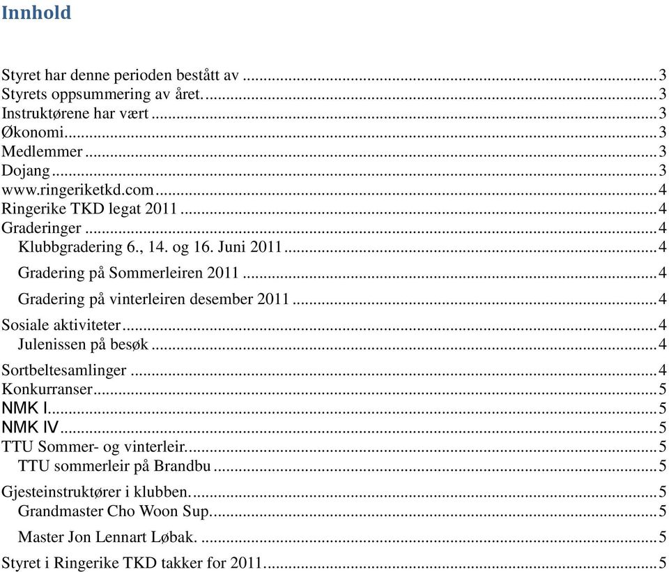 .. 4 Gradering på vinterleiren desember 2011... 4 Sosiale aktiviteter... 4 Julenissen på besøk... 4 Sortbeltesamlinger... 4 Konkurranser... 5 NMK I... 5 NMK IV.