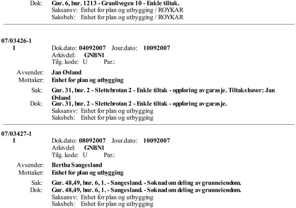 Tiltakshaver: Jan Øvland Gnr. 31, bnr. 2 - Slettebrotan 2 - Enkle tiltak - oppføring av garasje. 07/03427-1 I Dok.dato: 08092007 Jour.