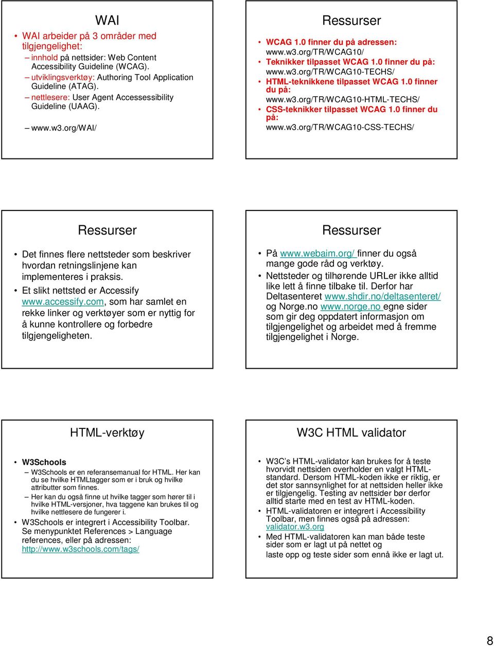 0 finner du på: www.w3.org/tr/wcag10-html-techs/ CSS-teknikker tilpasset WCAG 1.0 finner du på: www.w3.org/tr/wcag10-css-techs/ Ressurser Det finnes flere nettsteder som beskriver hvordan retningslinjene kan implementeres i praksis.